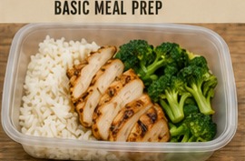 Basic meal prep tub with chicken, rice and broccoli